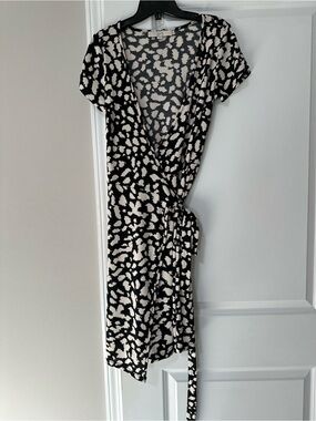 LOFT Black and White Printed Wrap Midi Dress